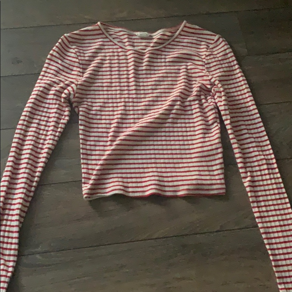 Garage Red & Cream striped long sleeve cropped tee